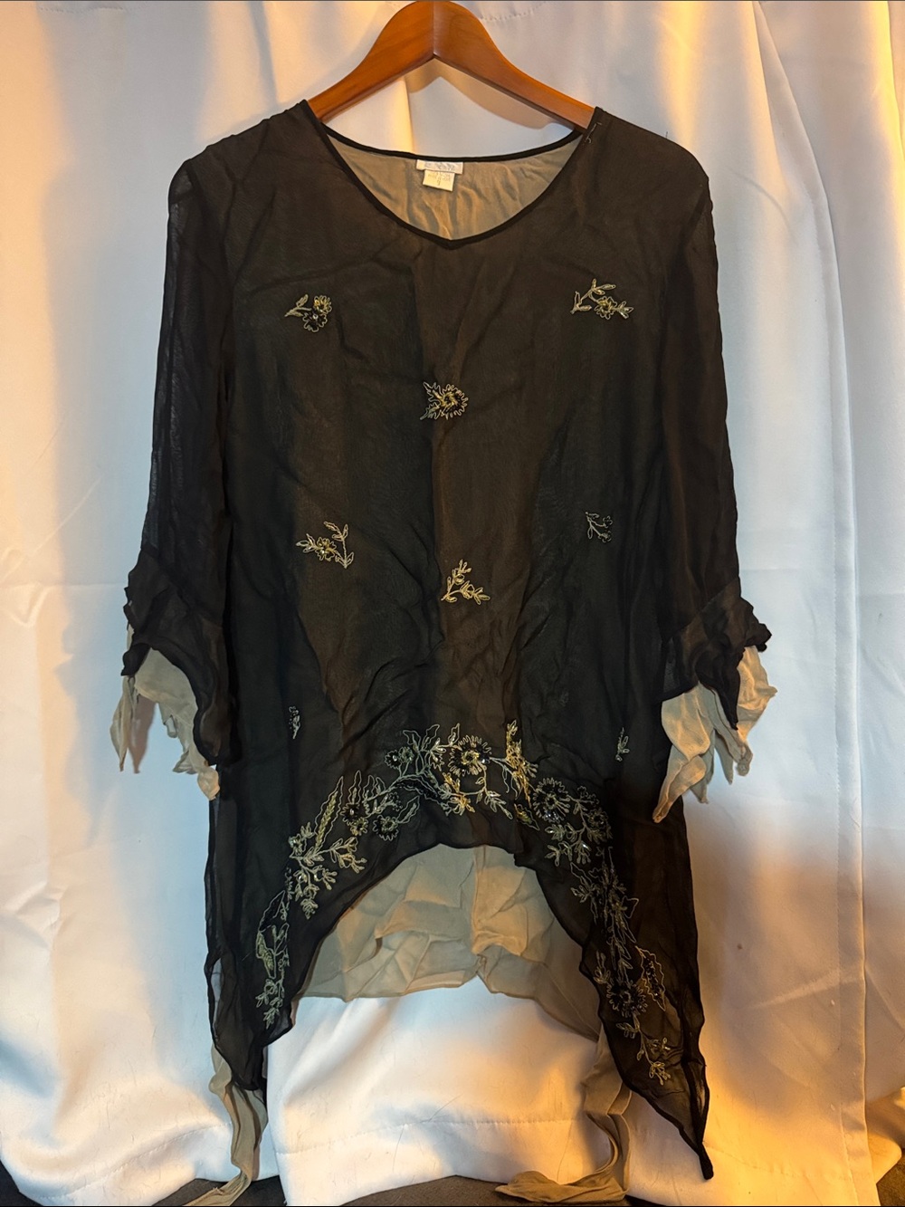 rave Black Sheer Embroidered Layered Tunic with Cream Underlay